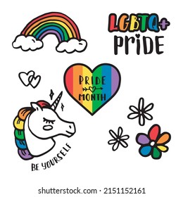 LGBT doodle set. Rainbow unicorn, pride month, hearts and flowers. Vector illustration