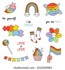 Elementos LGBT establecidos. Bandera arcoiris, torta, planeta, abeja linda y frases. Insignias del mes del orgullo. Ilustraciones vectoriales planas aisladas en fondo blanco