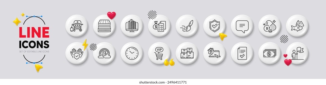 Lgbt, Enterprise and Wholesale inventory line icons. White buttons 3d icons. Pack of Fish, Gas grill, Pantothenic acid icon. Approved checklist, Confirmed, Time pictogram. Vector