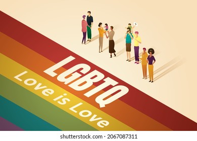 LGBT families, gay and lesbian couples father and mother who are men or women who are happy. Gay and lesbian couples stand in front of a rainbow background. isometric vector illustration.