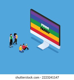 LGBT family with adopted kids isometric 3d vector illustration concept for banner, website, illustration, landing page, flyer, etc.