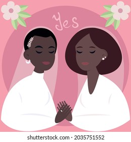 Lgbt family. African American Lesbian Wedding. Women getting married. Love is love. Valentine's day card. Flat vector illustration. Exchange of rings