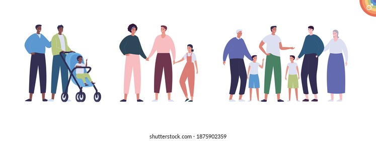 Lgbt family with child concept. Vector flat people illustration set. Gay man parents with kid and grandparent. African american and mixed ethic person. Boy and girls. Concept of father love and care