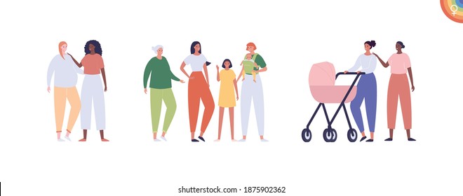 Lgbt Family With Child Concept. Vector Flat People Illustration Set. Lesbian Woman Parents With Girl And Grandmother. African American And Mixed Ethic Person. Concept Of Mother Love And Care