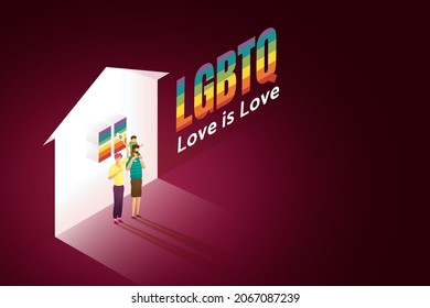 LGBT family, children ride on the necks of happy male fathers and mothers. Gay parents stand in front of a glowing house. isometric vector illustration.