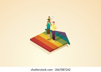 LGBT family, children ride on the necks of happy male fathers and mothers. Gay parents stand on a rainbow house.  isometric vector illustration.