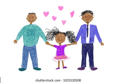 Lgbt family  Children's drawing  Two happy men and girl  Vector illustration  Adopted child