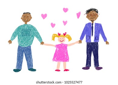 Lgbt family. Children's drawing. Two happy black men with white adopted  girl. Vector illustration.