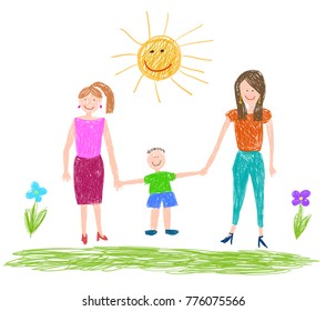 Lgbt family. Children's drawing. Two happy women with boy. Vector illustration.