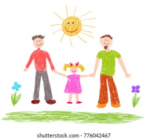 Lgbt family. Children's drawing. Ywo happy men with girl. Vector illustration. 