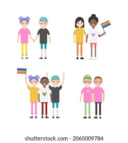 LGBT family flat vector illustration set. Cartoon happy LGBT family people collection of gay lesbian bisexual couple parent character and adopted children, rainbow adoption parenting isolated white.