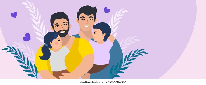 LGBT family. Gay couple with children. Two dads. Vector illustration