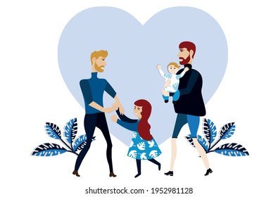 LGBT family, gay couple with two children. Two dads walk in the park as a family.