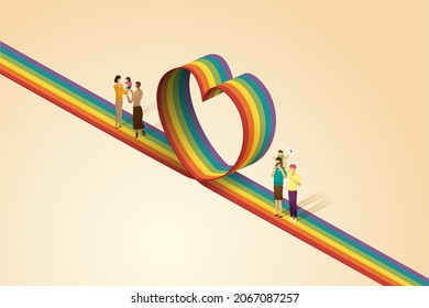 LGBT family,  happy fathers mothers and children. Lesbian bisexual gay couple parents stand on way a rainbow heart shape. isometric vector illustration.