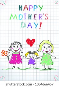 Lgbt Family. Happy Mothers Day Children Drawing. Two Women with Adopted Girl and Red Heart Stand on Green Grass on Checkered Paper Background. Baby Congratulation Cartoon Doodle Vector Illustration