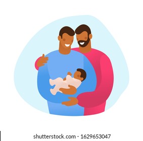 LGBT family hugs their child. Male gay couple with a son. A simple card about several generations, a grandson, a son and a grandfather. Flat vector illustration