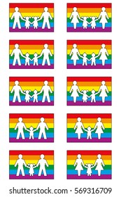 LGBT family icons on pride flag colored background - various families with homosexual parents and their daughters and sons.