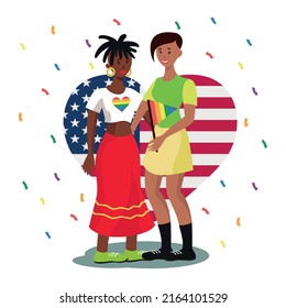 LGBT family on the background of the USA flag, two women white background - Vector illustration