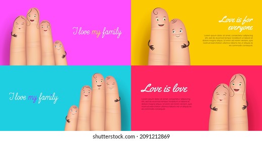 LGBT family and parenthood concept banners with inspirational quotes. Happy LGBTQ families with faces on fingers. Love diversity, relationship, equality and tolerance realistic vector illustration.