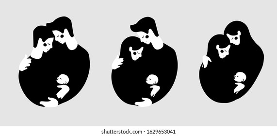 LGBT Family And Traditional Couple. Parents Hug A Child, Concept Illustration, Silhouette, Icon, Logo. Set Of Black And White Vector Illustrations