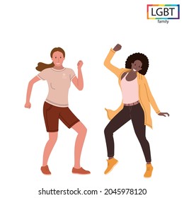 LGBT family two girls dancing fun - Vector illustration