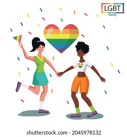 LGBT family two girls dancing fun - Vector illustration