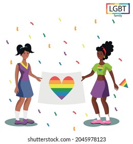 LGBT family two girls holding a rainbow flag at the parade - Vector illustration