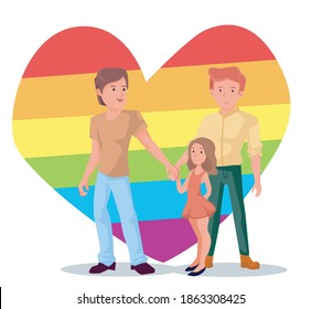 lgbt family, two homosexual dads and a daughter, lgbt flag in the form of a heart, gay