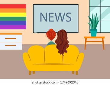 
LGBT Family Two Lesbian Girls Watching TV News In The Living Room, Room Interior: Yellow Sofa, Table With A Plant, Window, Flag LGBT Symbols, Bedside Table Vector Illustration