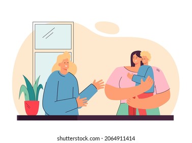 LGBT family from two lesbians adopting child. Homosexual female character holding boy in hands flat vector illustration. Adoption, childcare concept for banner, website design or landing web page