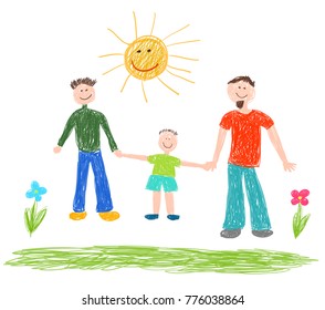 Lgbt family. Two men with boy. Vector illustration. 