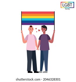 LGBT family two men holding a rainbow flag at the parade - Vector illustration