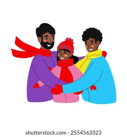 LGBT family, two men hugging their daughter. Winter illustration of a happy family in winter clothes. Vector illustration on white background