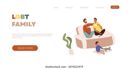 LGBT family. Two men sitting on the couch, drinking coffee, tea, a child playing on the floor with a cat. Vector illustration for the website, flyers, infographics