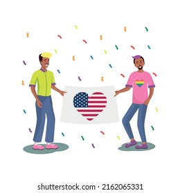 LGBT family with USA flag, two men white background - Vector illustration