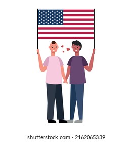 LGBT family with USA flag, two men white background - Vector illustration