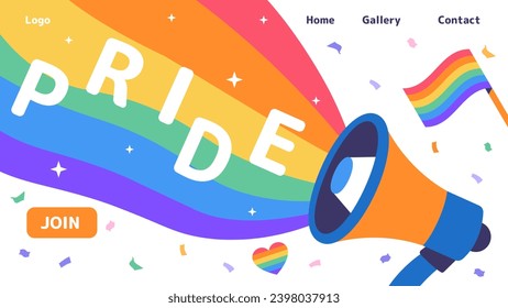 LGBT Festival poster. Loudspeaker with rainbow and flags. Love and romance. Tolerance and unity. Landing page design. Event of pride. Cartoon flat vector illustration isolated on white background