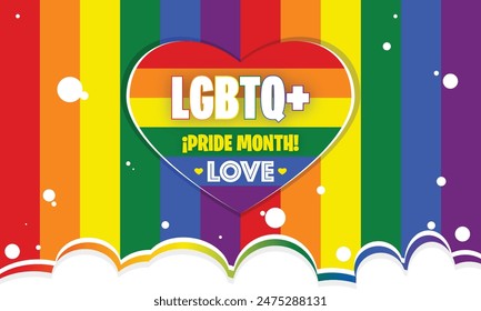 LGBT flag background and a big heart over color clouds