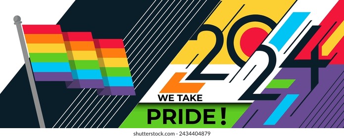 LGBT flag banner with modern abstract background design. Rainbow flag colorful LGBT pride awareness campaign. We take Pride parade. Lesbians, gays, bisexuals, transgenders, queer love. Vector