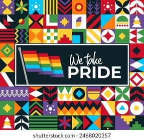 LGBT flag banner with modern abstract background design. Rainbow flag colorful LGBT pride awareness campaign. We take Pride parade. Lesbians, gays, bisexuals, transgenders, queer love. LGBTQIA Vector