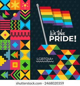 LGBT flag banner with modern abstract background design. Rainbow flag colorful LGBT pride awareness campaign. We take Pride parade. Lesbians, gays, bisexuals, transgenders, queer love. LGBTQIA Vector