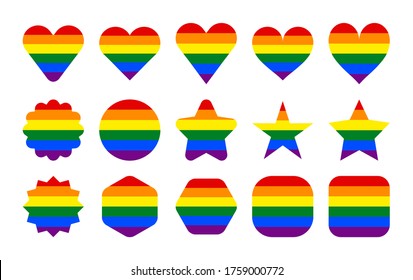 LGBT flag. Circle, star, hexagon, heart, square shapes. Set of signs in rainbow colors for use in LGBTQI Pride Event, LBGT Pride Month or Gay Pride Symbol. Vector illustration in EPS file format