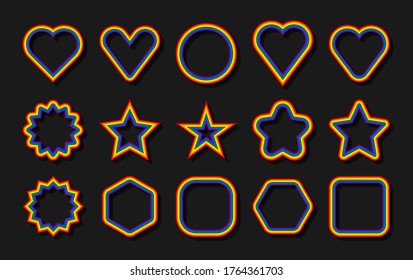 LGBT flag. Circle, star, hexagon, heart, square shapes with frame in rainbow colors. Set of signs for use in LGBTQI Pride Event, LBGT Pride Month or Gay Pride Symbol. Vector illustration