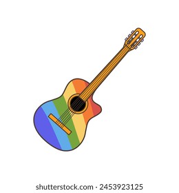 LGBT flag colored acoustic guitar icon. Illustration in cartoon style. 70s retro clipart vector design.