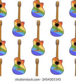 LGBT flag colored acoustic guitar seamless pattern. Illustration in cartoon style. 70s retro clipart vector design.