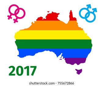 Lgbt flag in contour of Australia. Same sex symbols. Rainbow flag in contour of Australia. Vector illustration.