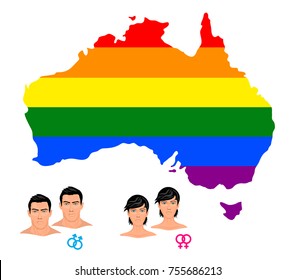 Lgbt flag in contour of Australia. Same sex symbols. Men and women  detailed icons. Rainbow flag in contour of Australia. Vector illustration.