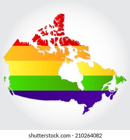 Lgbt flag  in contour of Canada with light grey background. Rainbow flag in contour of Canada