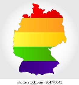 Lgbt flag in contour of Germany with light grey background. Rainbow flag in contour of Germany