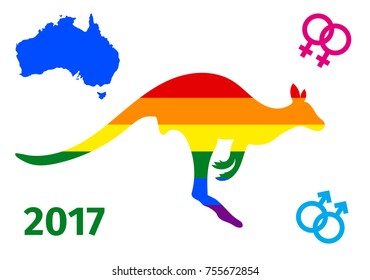Lgbt flag in contour of Kangaroo. Same sex symbols. Rainbow flag in contour of Kangaroo. Contour of Australia continent. Vector illustration.